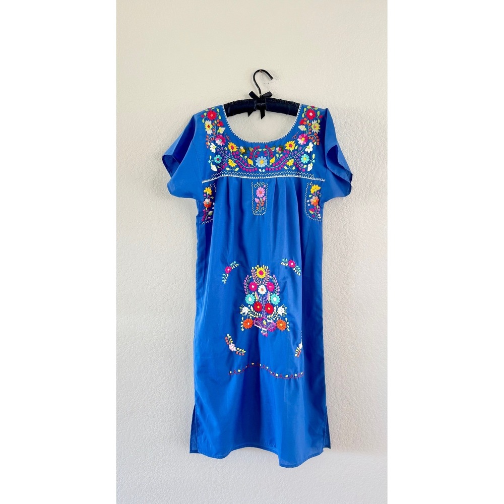 Vintage Embroidered Huipil Dress Womens L Cobalt Blue Floral Boho Mexican Folk